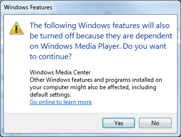 Windows 7 Turn Features On or Off Alert